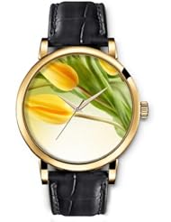 SPRAWL Aanalog Fashion Series Gold Ladies Watches of Genuine Black Leather Strap,Unique Wrist Watch for Women Girls Designed with yellow tulips