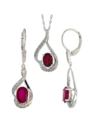 14k White Gold Dangle Earrings (19mm tall) & 18 in. Pendant-Necklace Set, w/ 0.20 Carat Brilliant Cut Diamonds & 3.64 Carats Oval Cut (7x5mm) Enhanced Ruby Stones