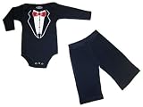 Riverstone Goods Trendy Baby Tuxedo (Red Tie Tux) Long Sleeve Bodysuit & Pants Set - Black Pants, Black Top
