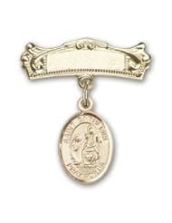 14kt Gold Baby Badge with St. Catherine of Siena Charm and Arched Polished Badge Pin. Catholic Saint Catherine of Siena Patron Saint of Fire Prevention, Italy, Artists, Nursing Services & Nurses, Philosophers, Secretaries