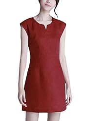 V-neck Short Sleeves Fitted Above the Knee Shift Linen  Dress