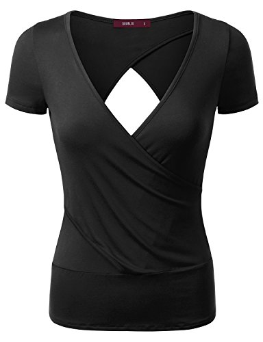 Doublju Women Short Sleeve Deep V Neck Trendy Open Back Wrap T shirt