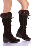 41I 2A1HXZL. SL160  Brown Furry Lace up Wedge Knee Boots Women   Vegan Friendly!