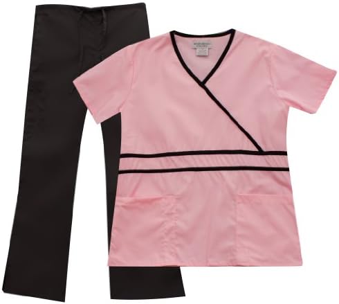 Ladies Contrast Mock Wrap and Flare Pant Scrub Set (Light Pink/Black, XL)