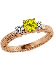 0.75 Ct Round Canary and White Diamond 18K Rose Gold 3-Stone Ring