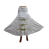 Womens White Cotton Smocked Green Floral Embroided Skirt 35" L