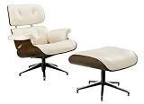 Modern Classic Plywood Lounge Chair & Ottoman with Dark Walnut Base & White Leather Uphostery