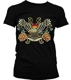 IMAGE OF Eagle and Roses Juniors Tattoo T-shirt, Old School Tattoo Style Design Juniors Tee, Small, Red