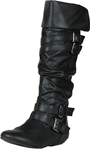 Tamika42 Women's Knee-High Riding Boots Buckle Details Functional Zipper