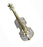 Gold Plated Violin With CZ Crystals Pin - Gold Violin CZ Crystal Studded Lapel Pin