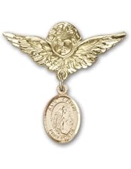 14K Gold Baby Badge with St. Aaron Charm and Angel with Wings Badge Pin