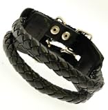 Neptune Giftware Mens *LARGE WRIST SIZE - At Least 21cm* Black Leather Double Strap Cuff Gothic Wristband Bracelet With Buckle Fastening - 31