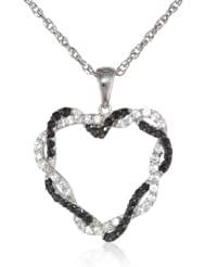 XPY Sterling Silver Black and White Sapphire Interwoven Heart Pendant Necklace, 18"