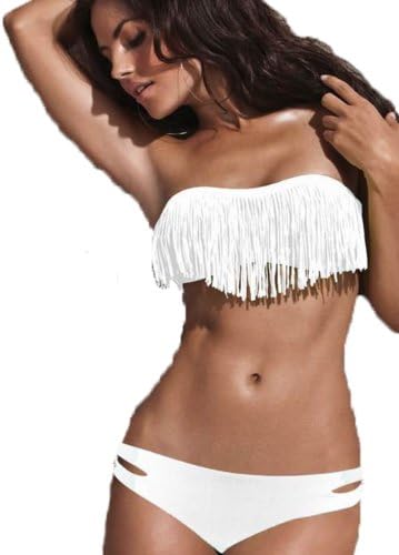 2013 New Arrival Popular Fashion Sexy Lady Padded Boho Fringe Bandeau Top Strapless Dolly Bikini Set Swimwear (White, M)