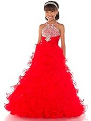 Girls Organza Halter  Sheer Lace Crystals Beaded Crystal  Ball Gown Pageant Dress/Party Dress 