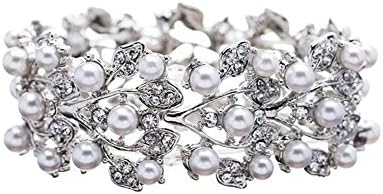 FiveStar Fabulous Adele, Bridal Wedding Jewelry Crystal Rhinestone Pearl Leaf Stretch Bracelet Silver (Elegant)
