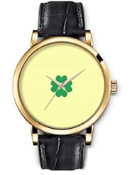 SPRAWL Aanalog Fashion Series Gold Ladies Watches of Genuine Black Leather Strap,Unique Wrist Watch for Women Girls Designed with Four Leaf Clover