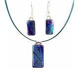 Necklace and Earrings Set - XS-47 - Genuine Handmade Dichroic Glass Pendant and Earrings - Hung on a 16" Stainless Steel Black-Colored Multi-Strand Cord + 2" Extension Chain and French Wires ~ All Findings and Earring wires are made of .925 Sterling Silver