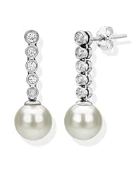 14k White Gold 2.6 DWT, 0.42ct TW Diamond ,9-10mm Freshwater Cultured High Luster Pearl Dangle Stud Earring. IGI Certified