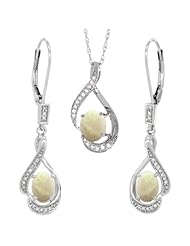 14K White Gold Natural Opal Lever Back Earrings & Pendant Set Diamond Accent