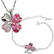 18k Gold Plated Swarovski Crystal Four Leaf Clover Cubic Zirconia Pendant Necklace and Bracelet Set - Pink Sapphire