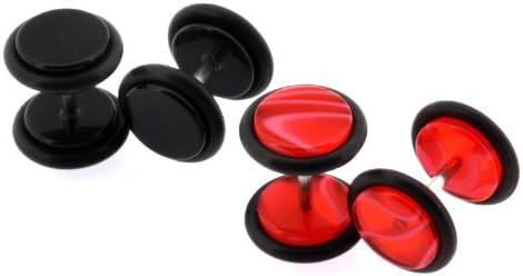 Lot of 2 Pair Fake Cheater Plugs Black & Red Marble Acrylic 16G (1.2mm) Studs - 0G(8mm) Gauge Look-Sold As 2 Pair (4 Pieces)