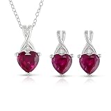 Sterling Silver Created Ruby and Diamond Heart Earring and Pendant Set, 18