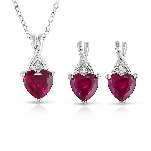 Sterling Silver Created Ruby and Diamond Heart Earring and Pendant Set, 18