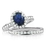 Sapphire Engagement Ring Diamond Wedding Band Bridal Set in 14k White Gold Halo Ring (G, SI1, 2.29 cttw), 8x6mm