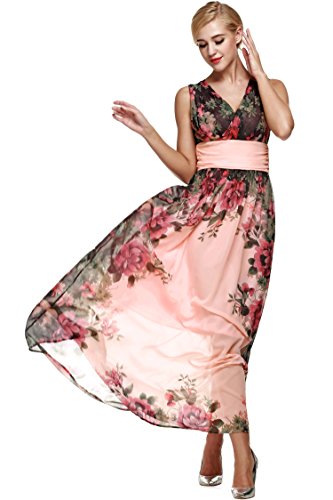 ANGVNS Women Floral Print Chiffon Long Dress with Necklace