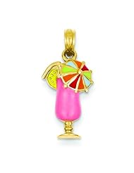 14K Gold Pink Enameled Tropical Drink Pendant Jewelry