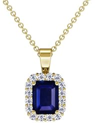 14K Yellow Gold Emerald Cut Blue Sapphire And Round Diamond Pendant