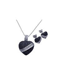 Nickel Free Sterling Silver Pendant & Earring Sets Black Heart With CZ Sash Set