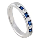 14K White Gold 1/4 ct. Machine Set Diamond with Alternating Square Shaped 3/8 ct. Sapphire Wedding Band