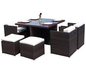 Rattan Cube Garden Conservatory Furniture Set Montana 9pc Table With 4x Chairs 4x Stools Includes Cushions & Free Delivery