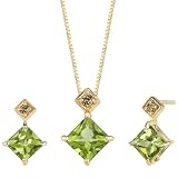 Vivacious and Radiant 2.25 cts Princess Cut Peridot Diamond Pendant Earrings Set 14Kt Yellow Gold