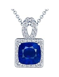 14K White Gold Cushion Cut Blue Sapphire And Round Diamond Pendant
