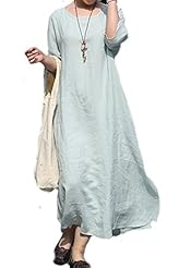 A-line Short Sleeves Cotton/Linen Maxi Dress 