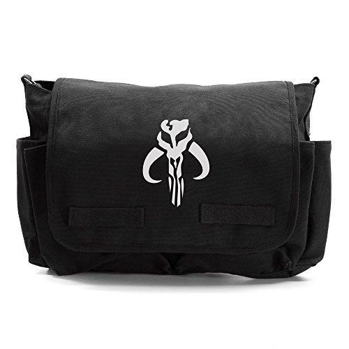 Star-Wars-Mandalorian-Skull-Boba-Fett-Army-Heavyweight-Canvas-Messenger-Shoulder-Bag-in-Black--White