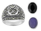 ENHANCED LAVENDER JADE BLACK ONYX & MARCASITE 3 INTERCHANGEABLE CENTER STONES STERLING SILVER RING