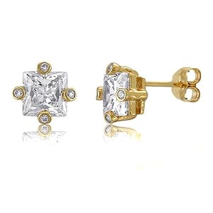 14K Gold Over Silver Vermeil Prong Set Princess Cubic Zirconia CZ Solitaire Earrings with Side Stones (2.5 ct.tw) - Ideal Gift For Mother Day, Anniversary, Engagement, Wedding, Birthday, For Her