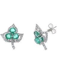 1.31CTW 14K White Gold Genuine Emerald and Diamond Flower Stud Earrings