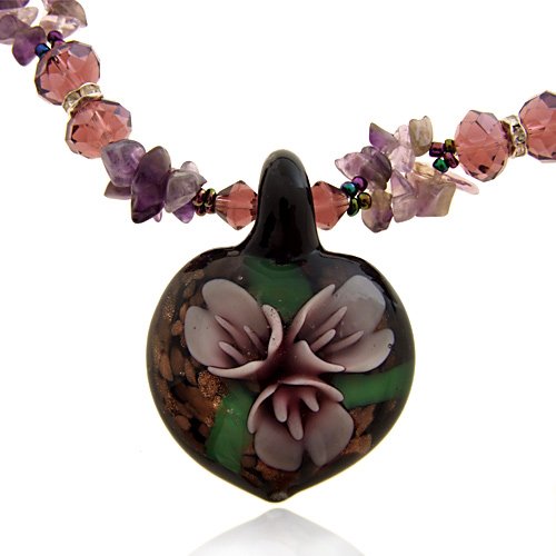 Lavender Flower Green Leaves in Black Circle Murano Lampwork Glass Pendant Necklace Fashion Jewelry 17''-20''