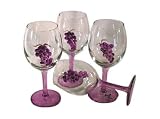ArtisanStreet's Grape Design Wine Glasses. Set Of Four Goblets. Feature Hand Painted Purple Grapes. One Of A Kind & Signed By Artisan.