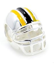 .925 Sterling Silver " Football Helmet w/ Black & Yellow" Quality Charm Bead Compatible with Pandora Chamilia Kay Troll Bracelet