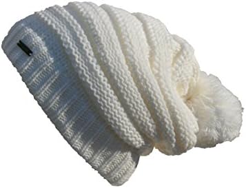 Cable Knit Pom Pom Unisex Thick Slouch Beanie Hat (One Size, Winter White)