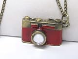 Large and Funky Vintage Red Camera Charm Necklace on Long Antique Gold Chain