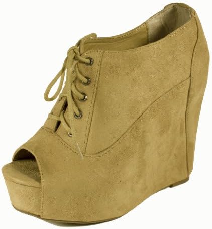 Fia! By Soda Trendy Lace-up, Hidden Platform Wedge, Peep-toe Ankle Bootie, light taupe faux suede, 7.5 M