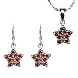 Garnet Cubic Zirconia Pave Star Platinum Overlay CAREFREE Sterling Silver Pendant Necklace and Drop Earrings Set