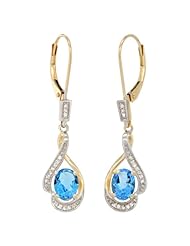 14k Gold 3/4 in. (19mm) tall Lever Back Dangle Earrings, w/ 0.13 Carat Brilliant Cut Diamonds & 2.40 Carats Oval Cut 7x5mm Blue Topaz Stones